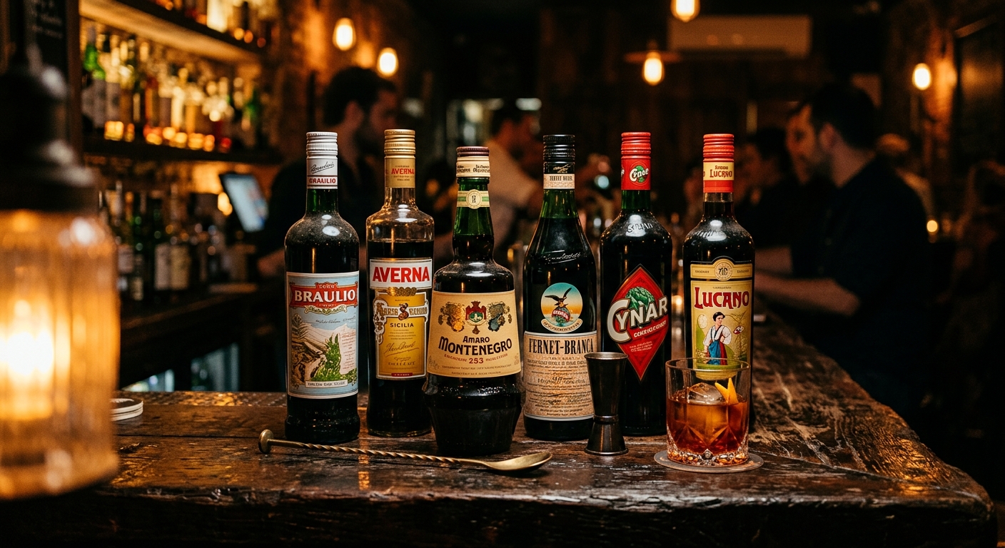 Amaro bottles lined up on a bar back