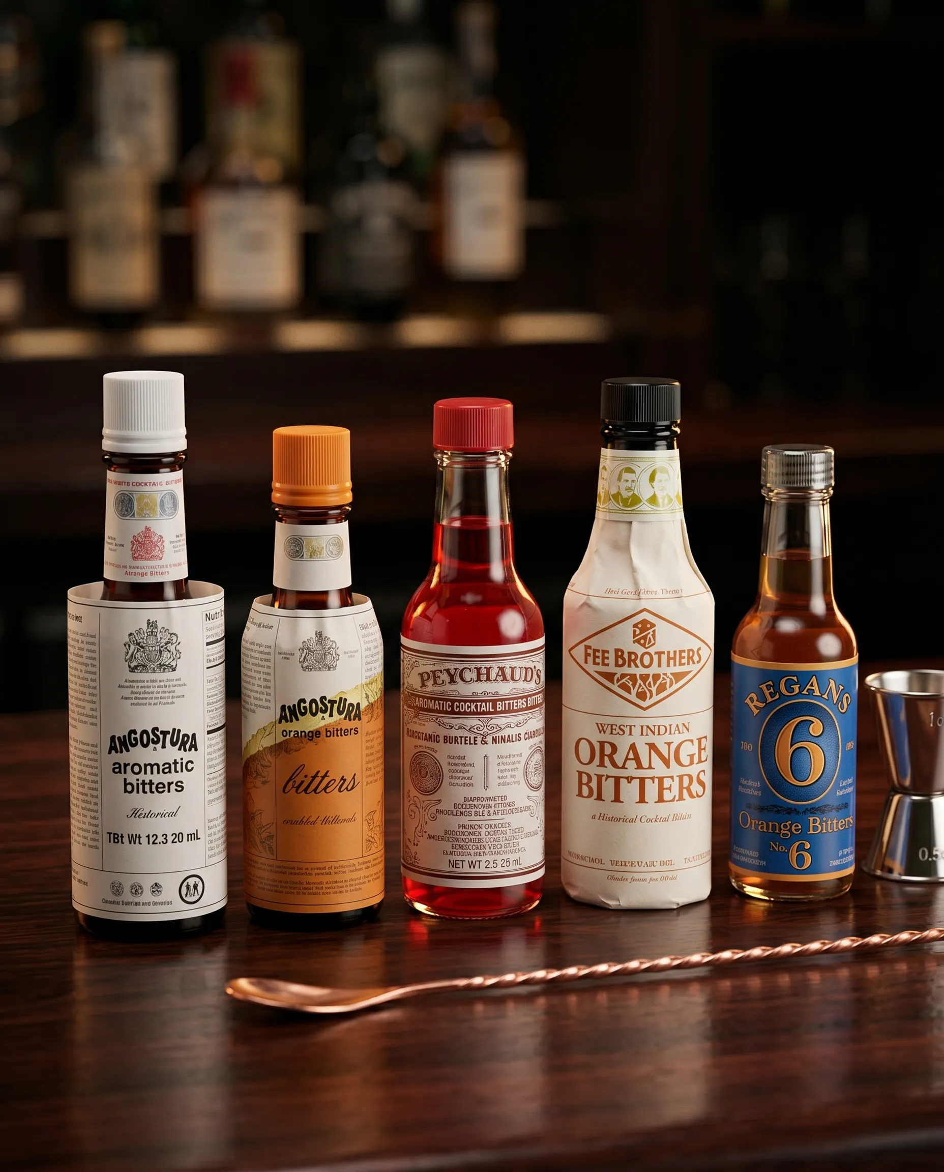 Aromatic bitters, orange bitters, Peychaud's bitters, and specialty bitters lined up on a dark bar