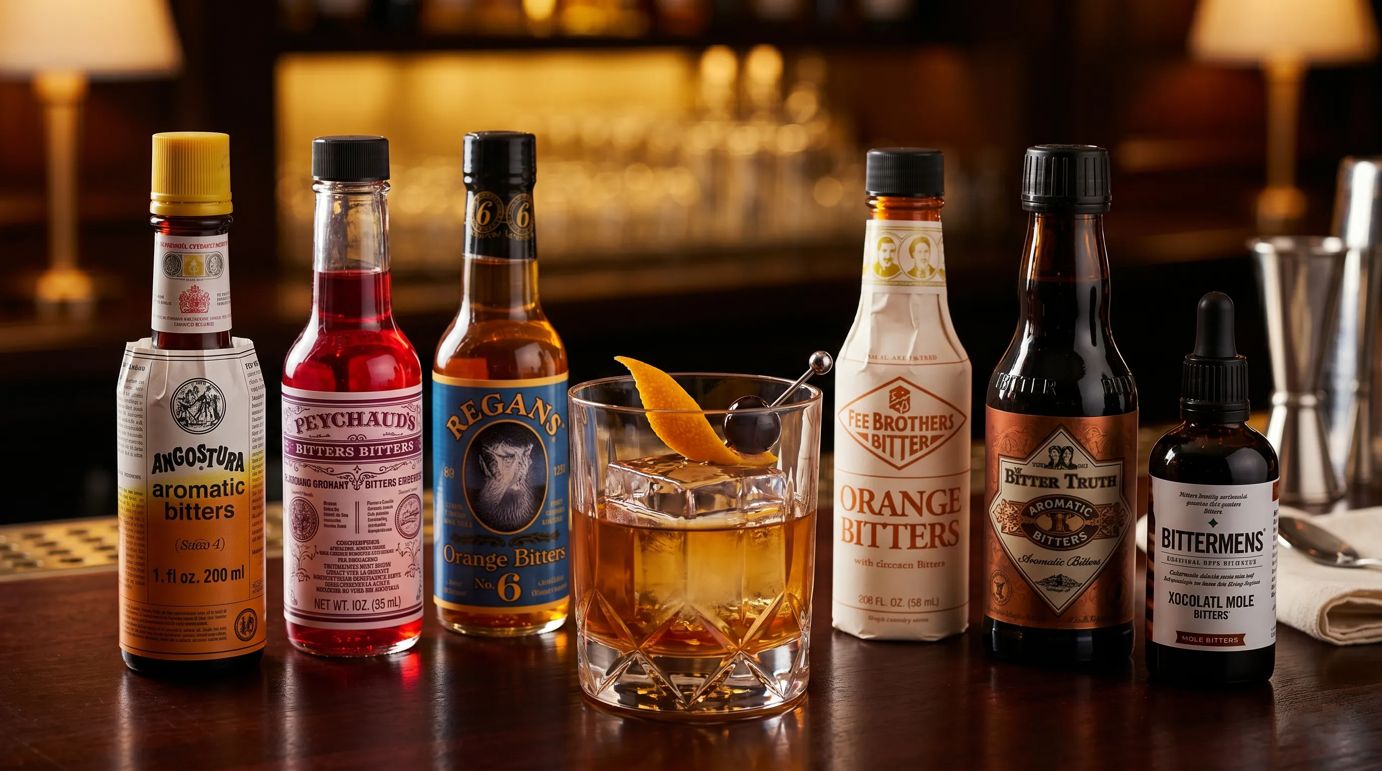 Small bottles of cocktail bitters beside an Old Fashioned and Manhattan on a dark bar