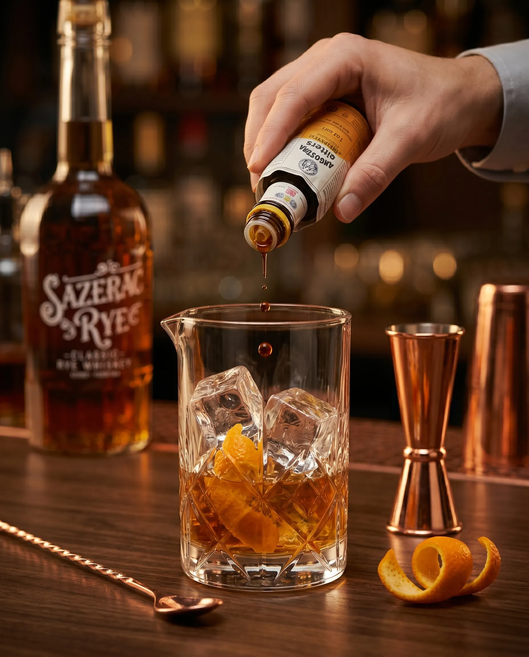 A bartender adding a dash of bitters to a stirred cocktail in a mixing glass