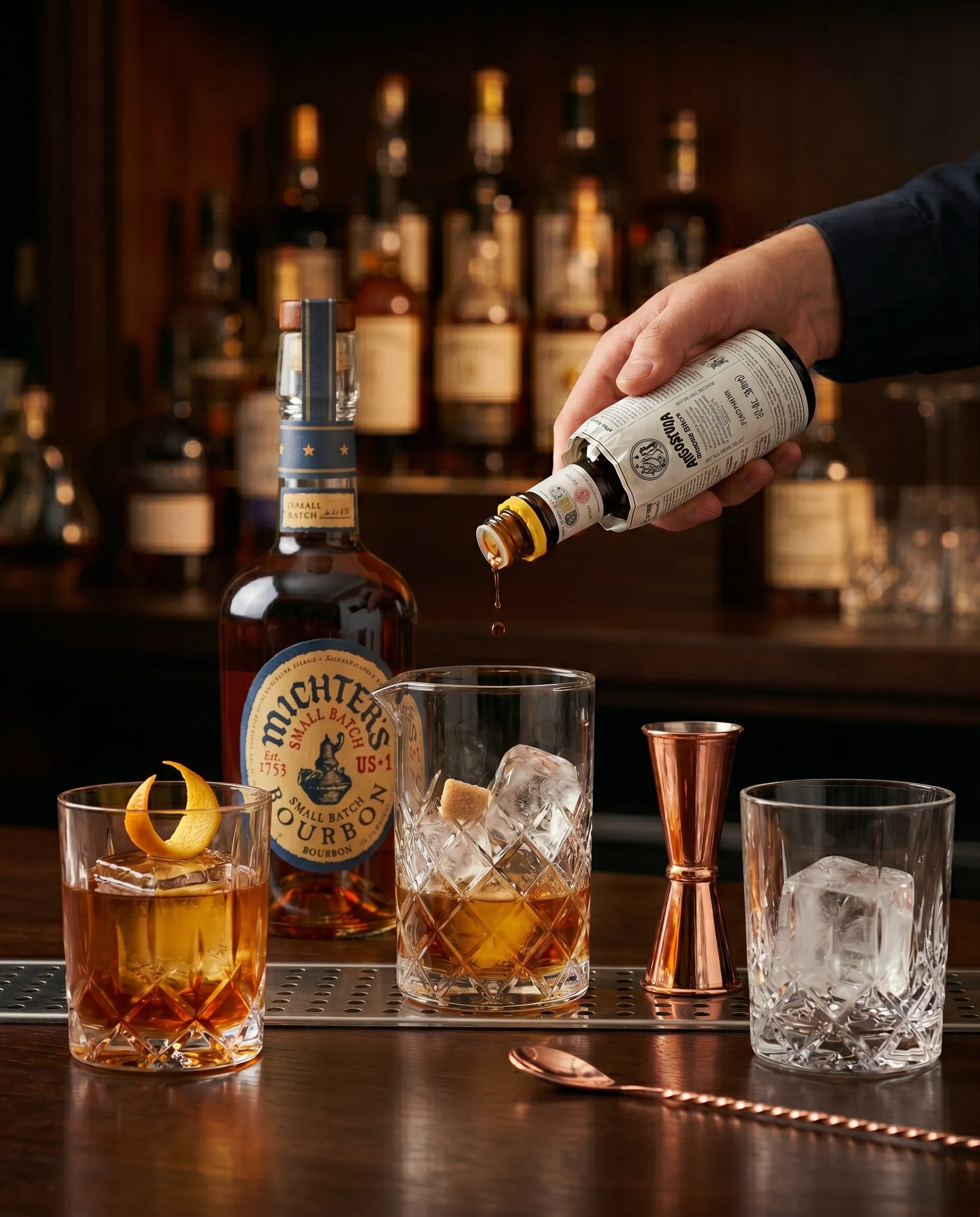 Two Old Fashioneds side by side, one made without bitters and one made with bitters