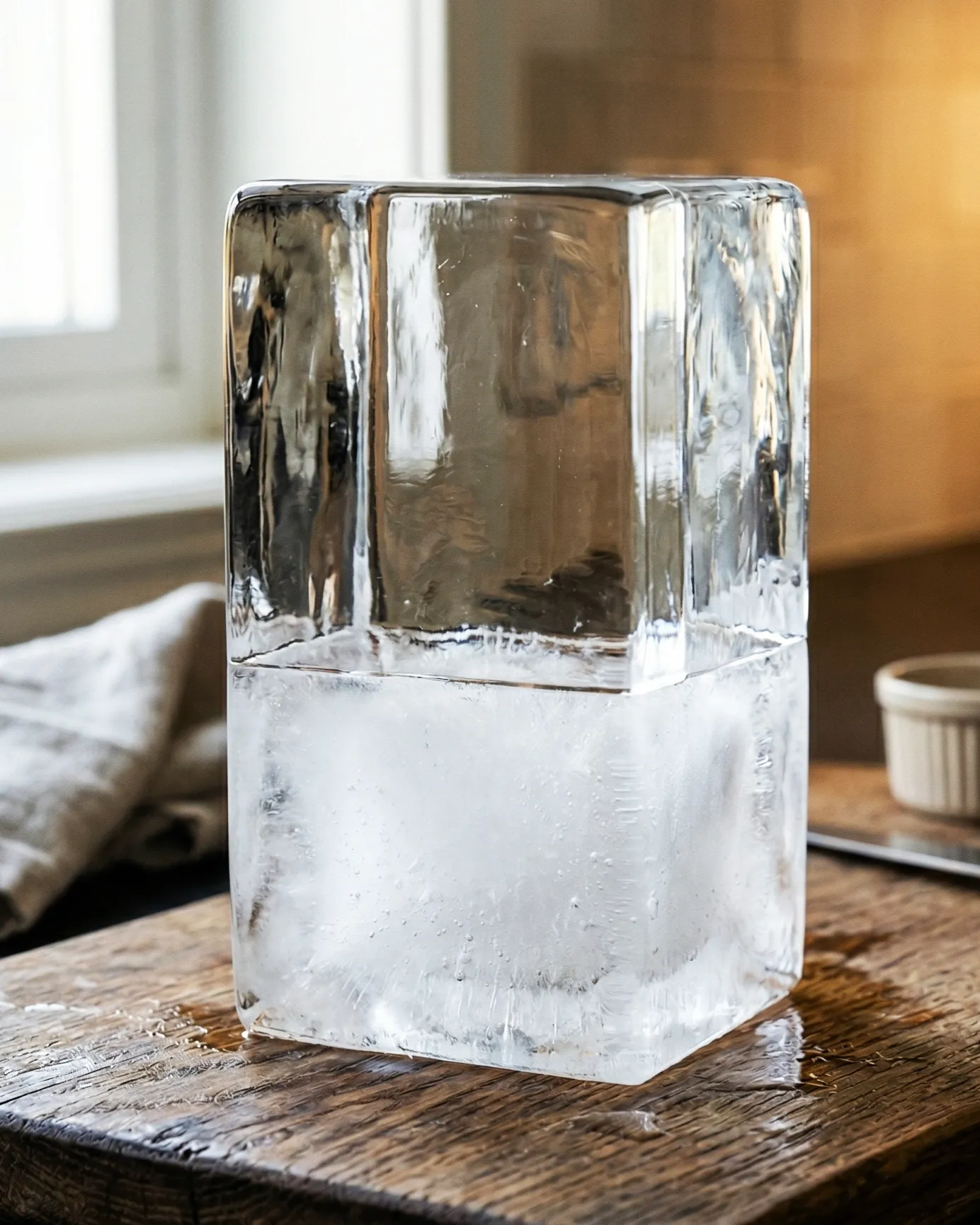A large clear ice block with a cloudy base, ready to be cut into cubes