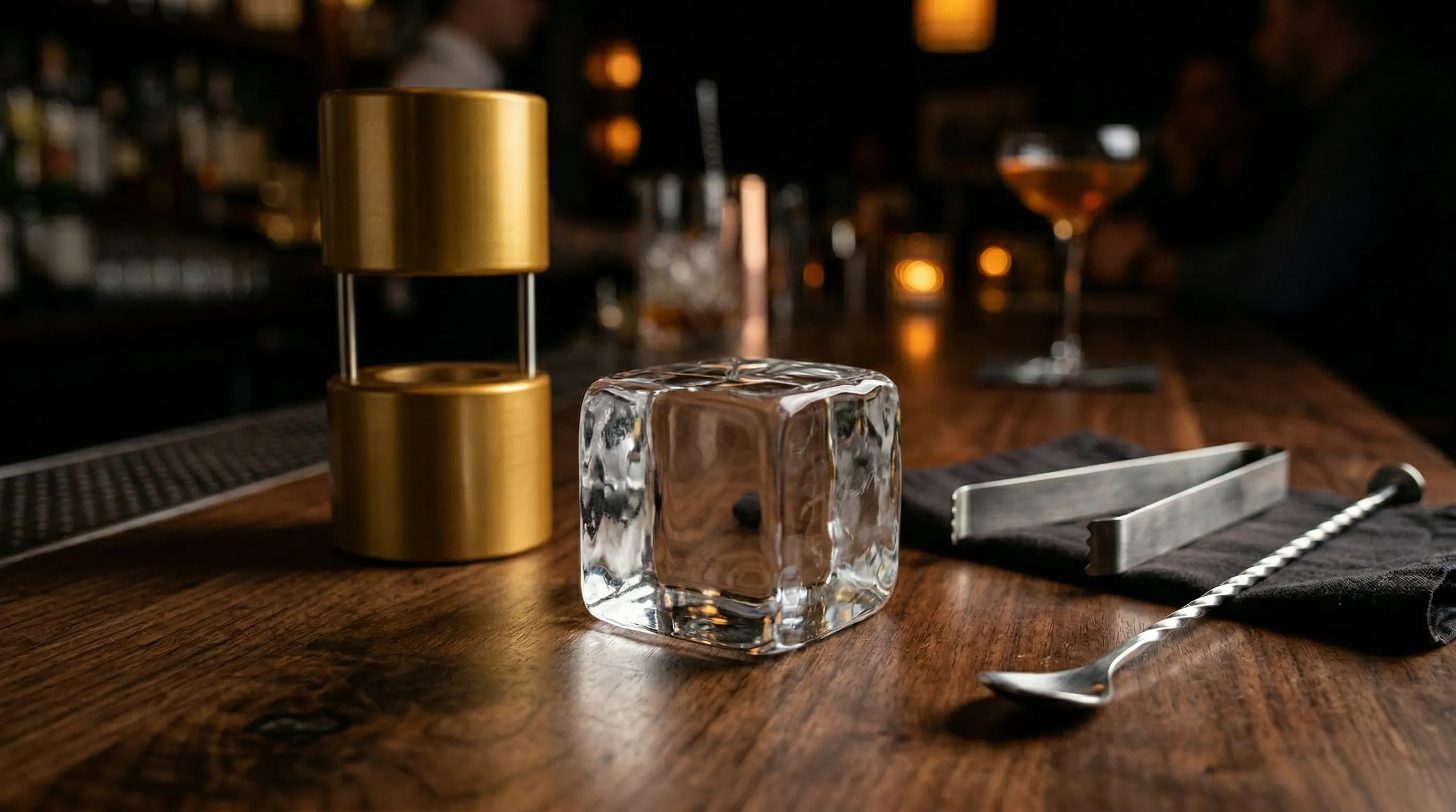 A single large crystal-clear ice cube in a rocks glass with an Old Fashioned