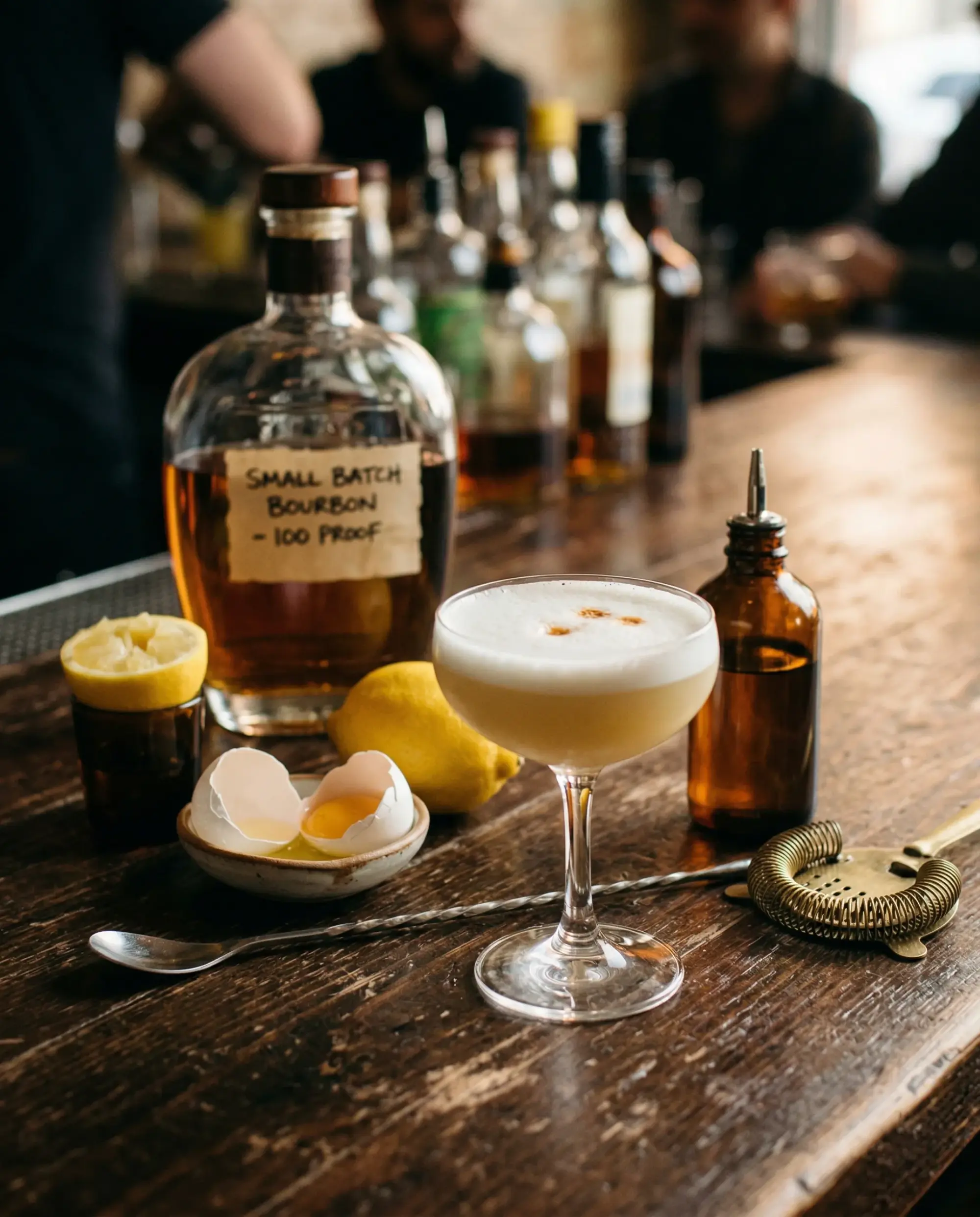 Bourbon, fresh lemon, an egg, bitters, and a coupe glass set up on a wooden bar