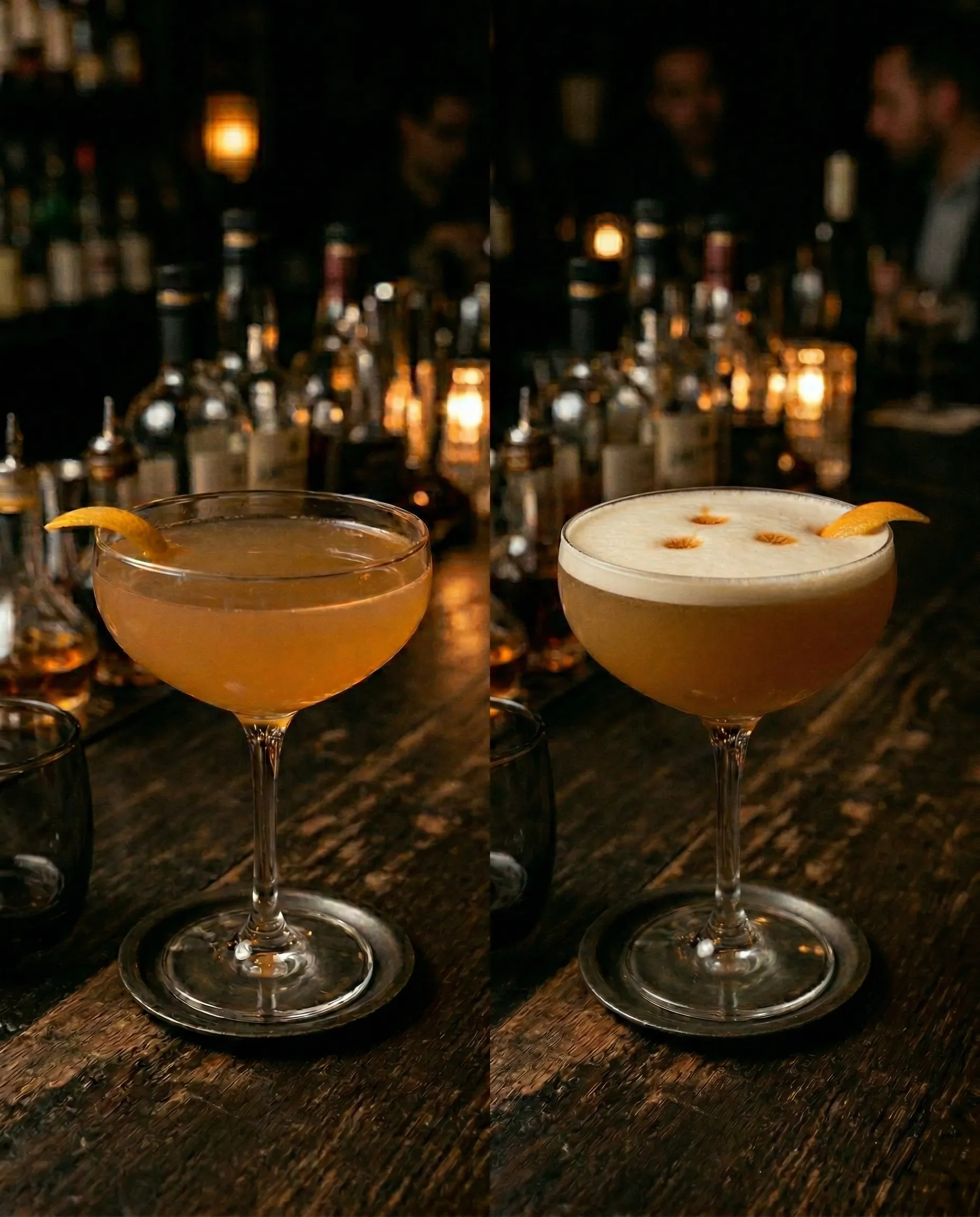 Two whiskey sours side by side: one without foam, one with a thick egg white foam cap