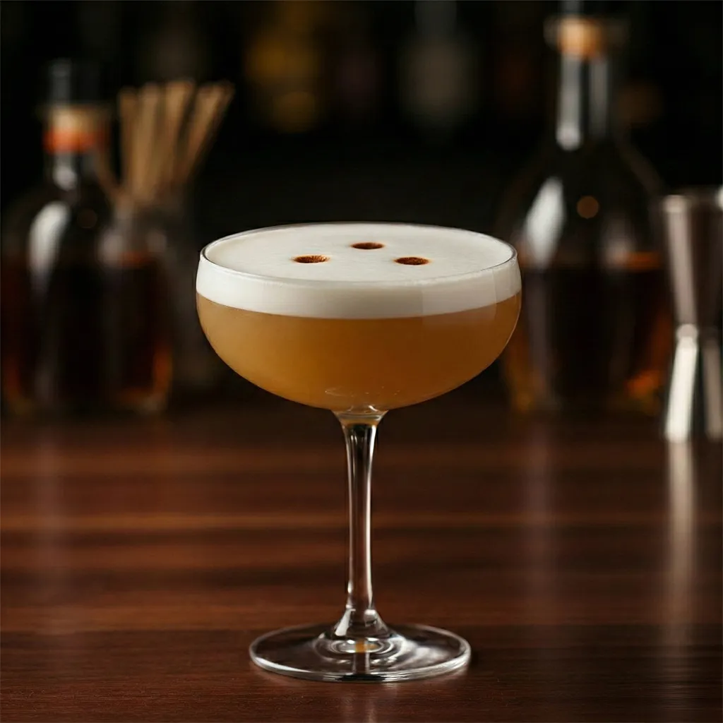 A whiskey sour with a thick egg white foam cap on a wooden bar