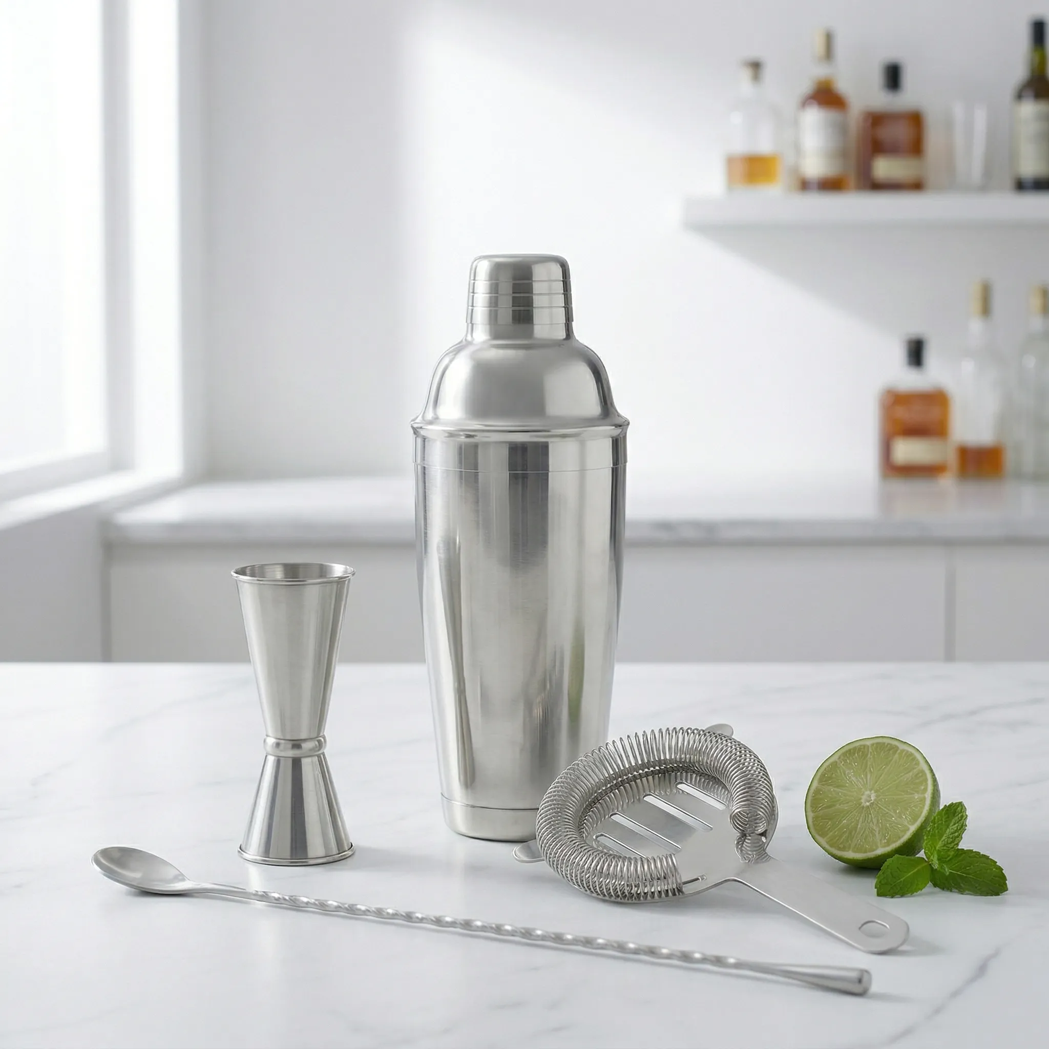 The four essential bar tools - jigger, shaker, strainer, and bar spoon
