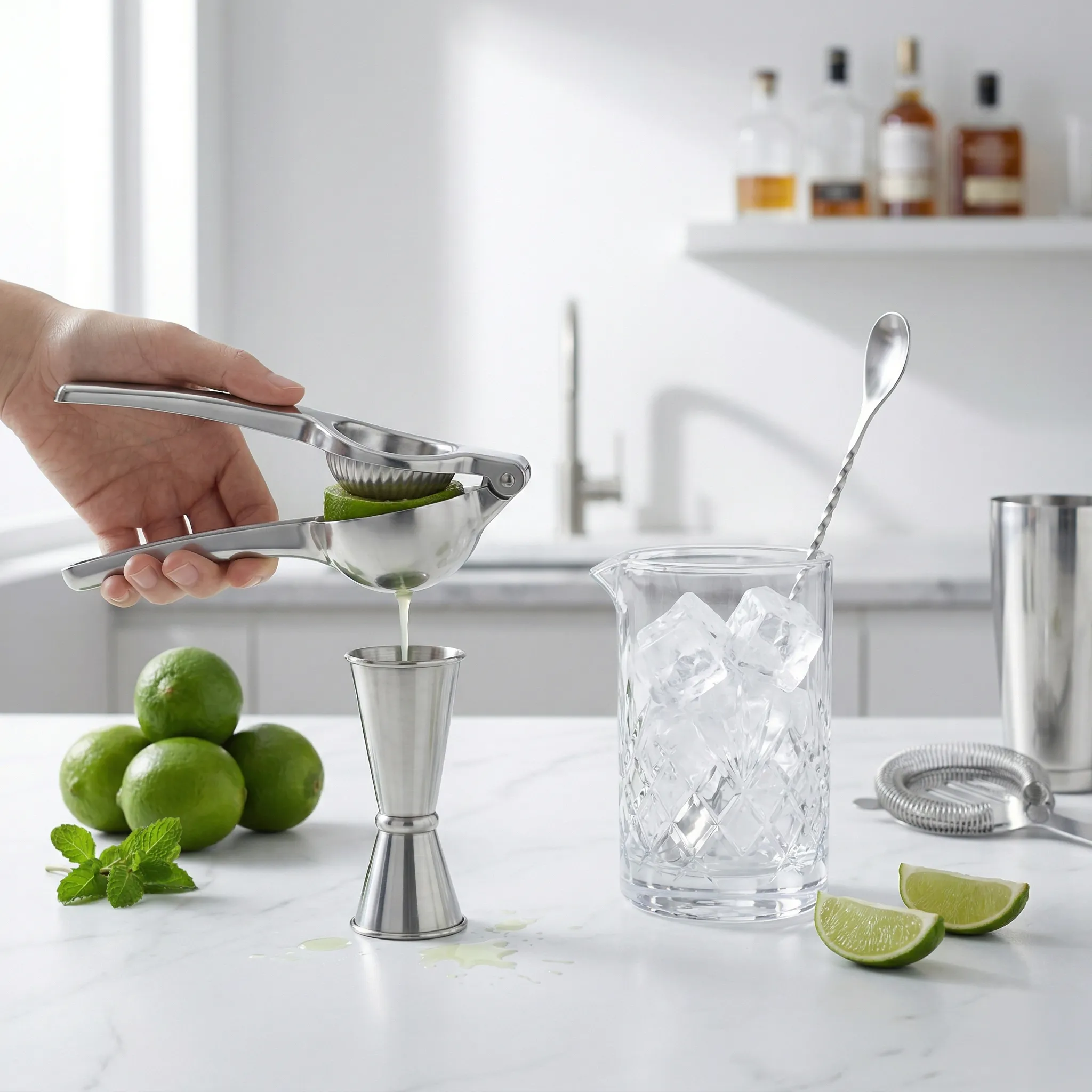 Citrus press, jigger, mixing glass, and bar spoon