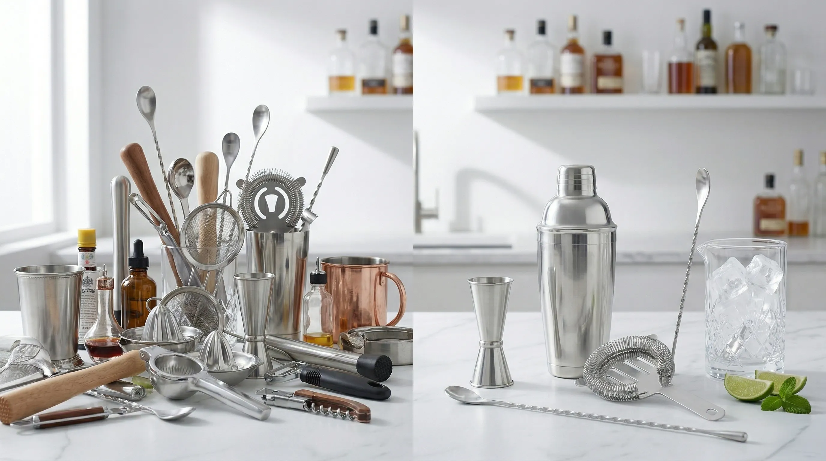 The four essential bar tools - jigger, strainer, Boston shaker, and bar spoon