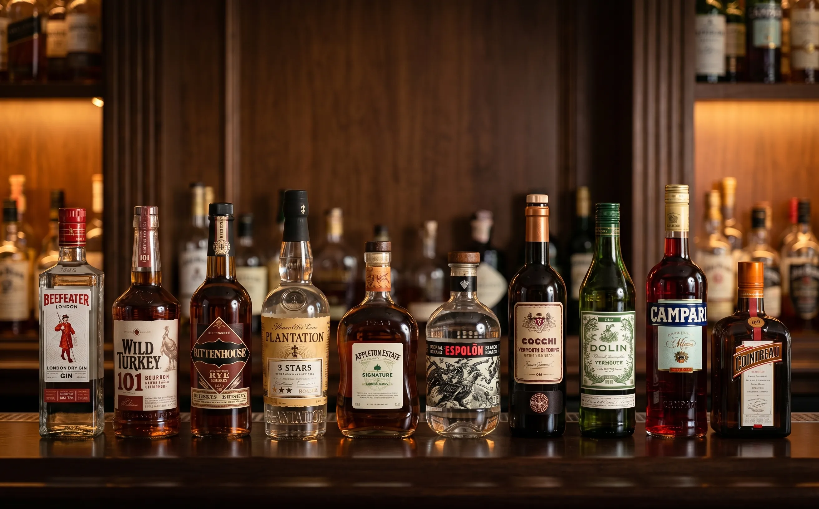 Ten essential home bar bottles lined up on a dark bar