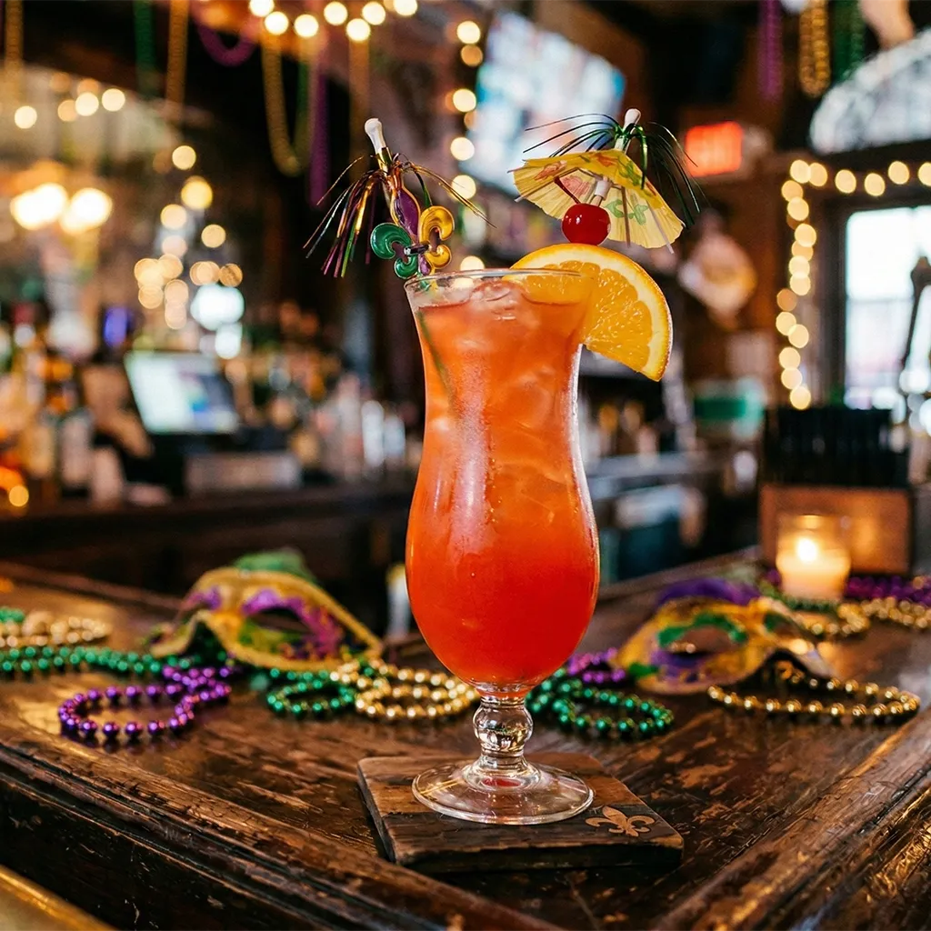 A classic Hurricane cocktail in a hurricane glass with orange slice and cherry garnish