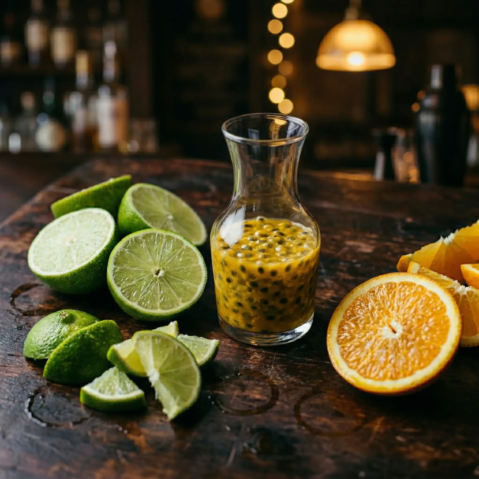 Fresh limes, oranges, and passion fruit syrup - the key ingredients in a Hurricane cocktail