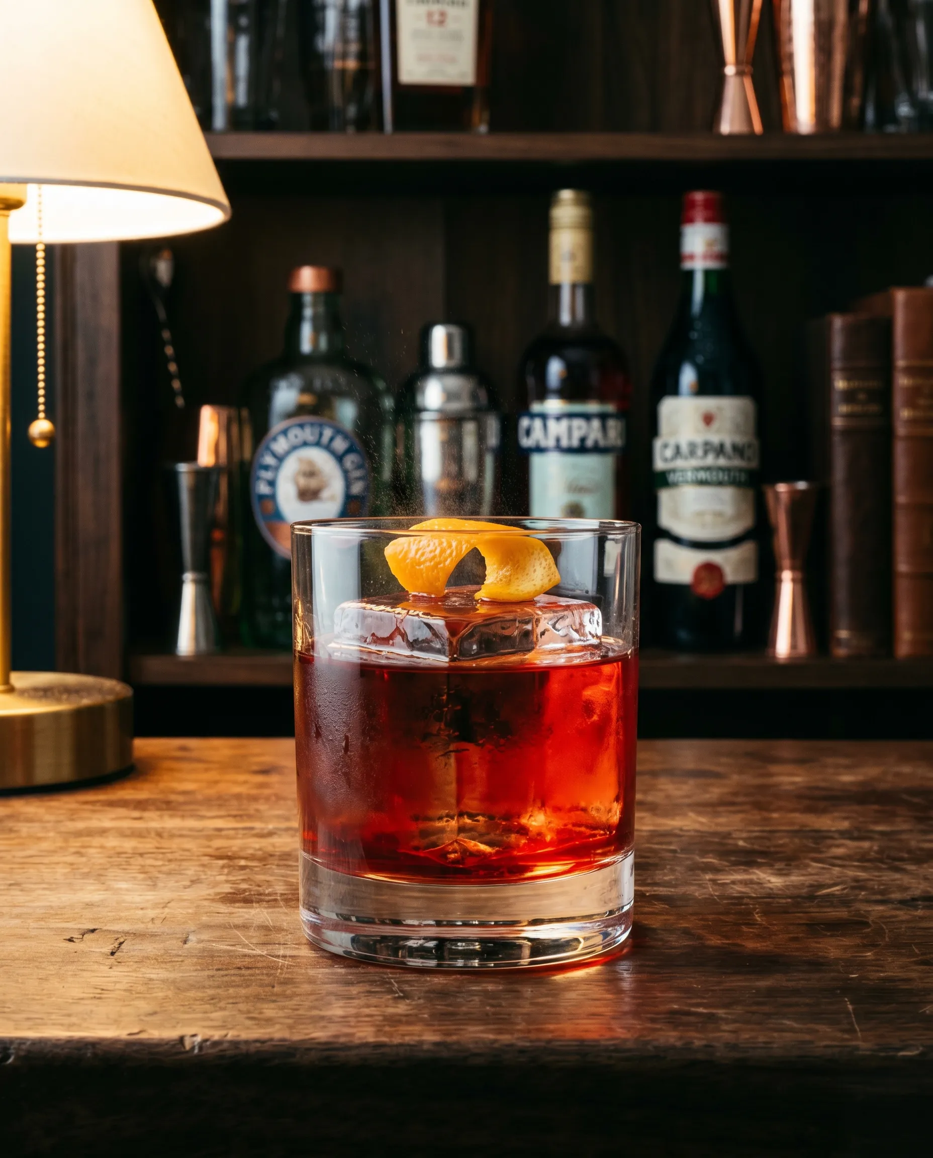 A finished Negroni served over a large clear ice cube with an orange peel garnish