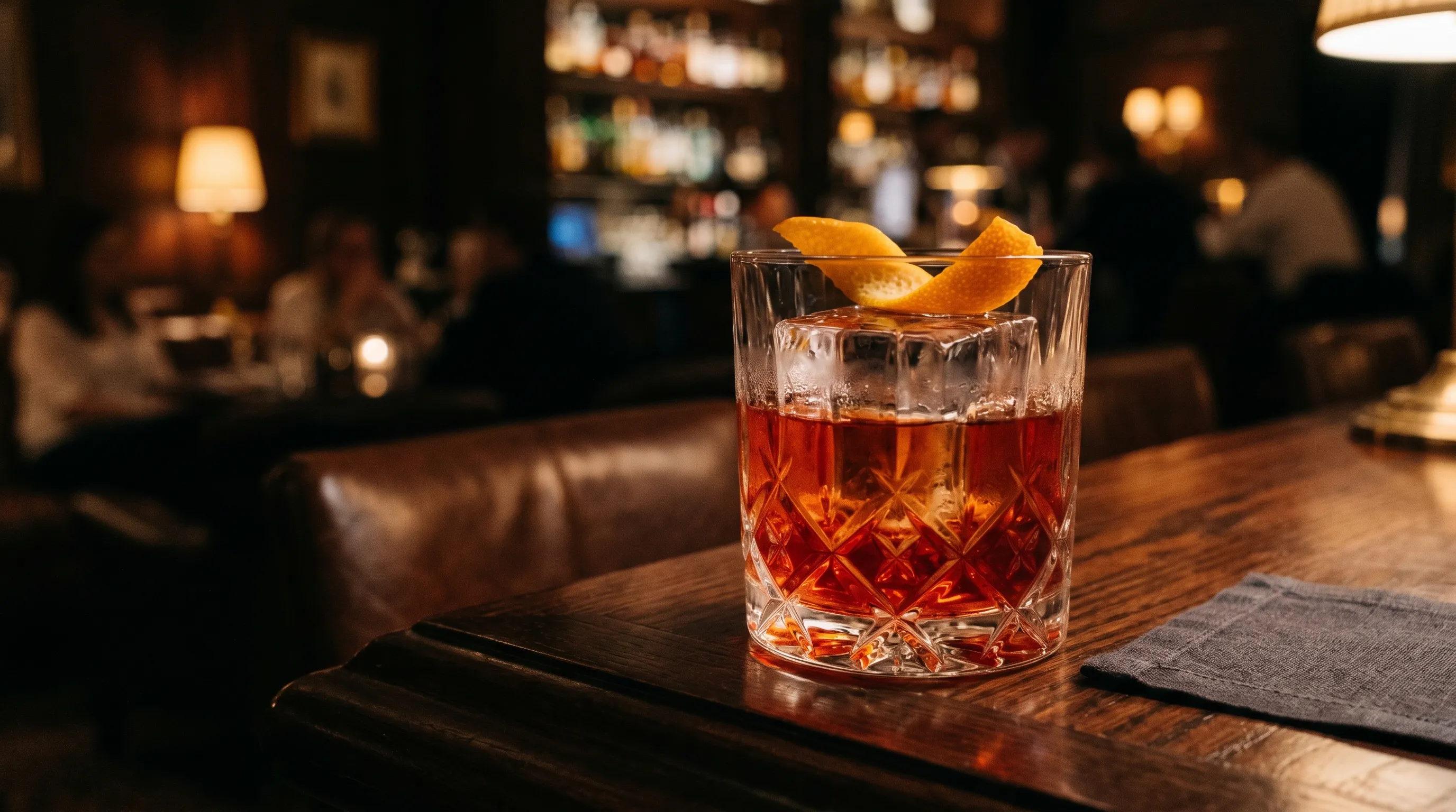 A Negroni served over a large clear ice cube with an orange twist in a rocks glass