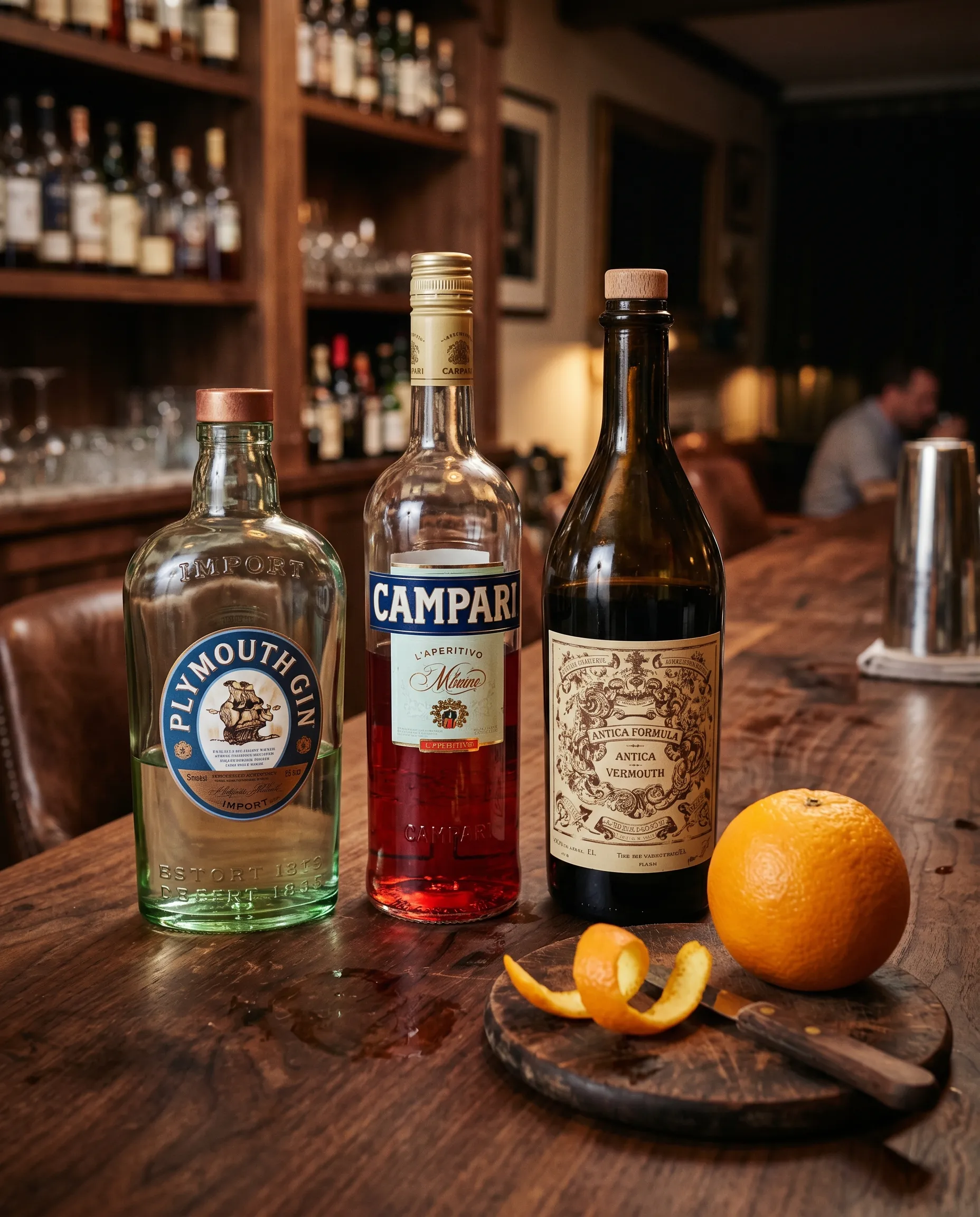 Gin, Campari, sweet vermouth, and an orange peel laid out for a Negroni