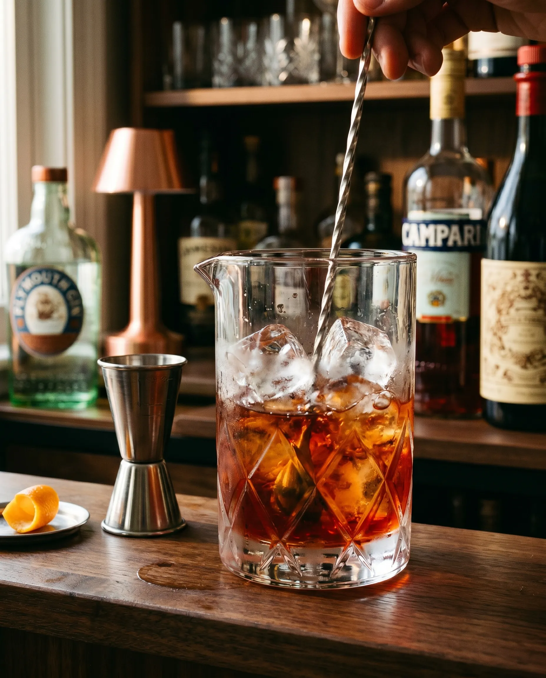 A Negroni being stirred in a mixing glass with ice