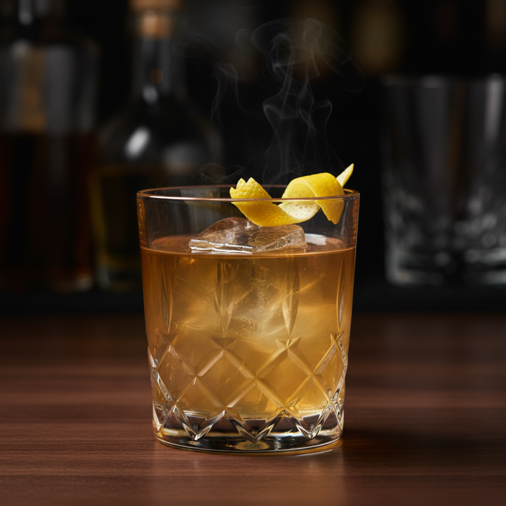 A Penicillin cocktail in a rocks glass with a smoky Islay Scotch float