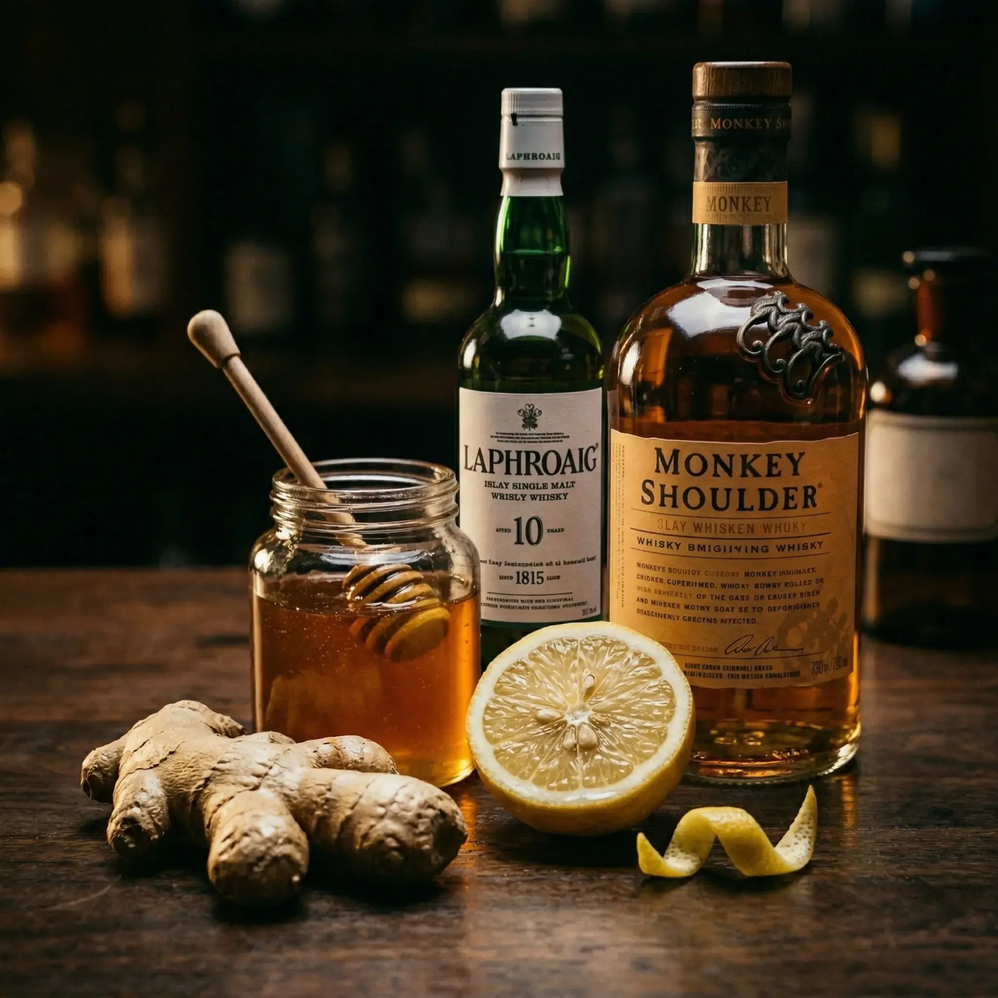 Laphroaig 10, Monkey Shoulder, honey, ginger, and lemon