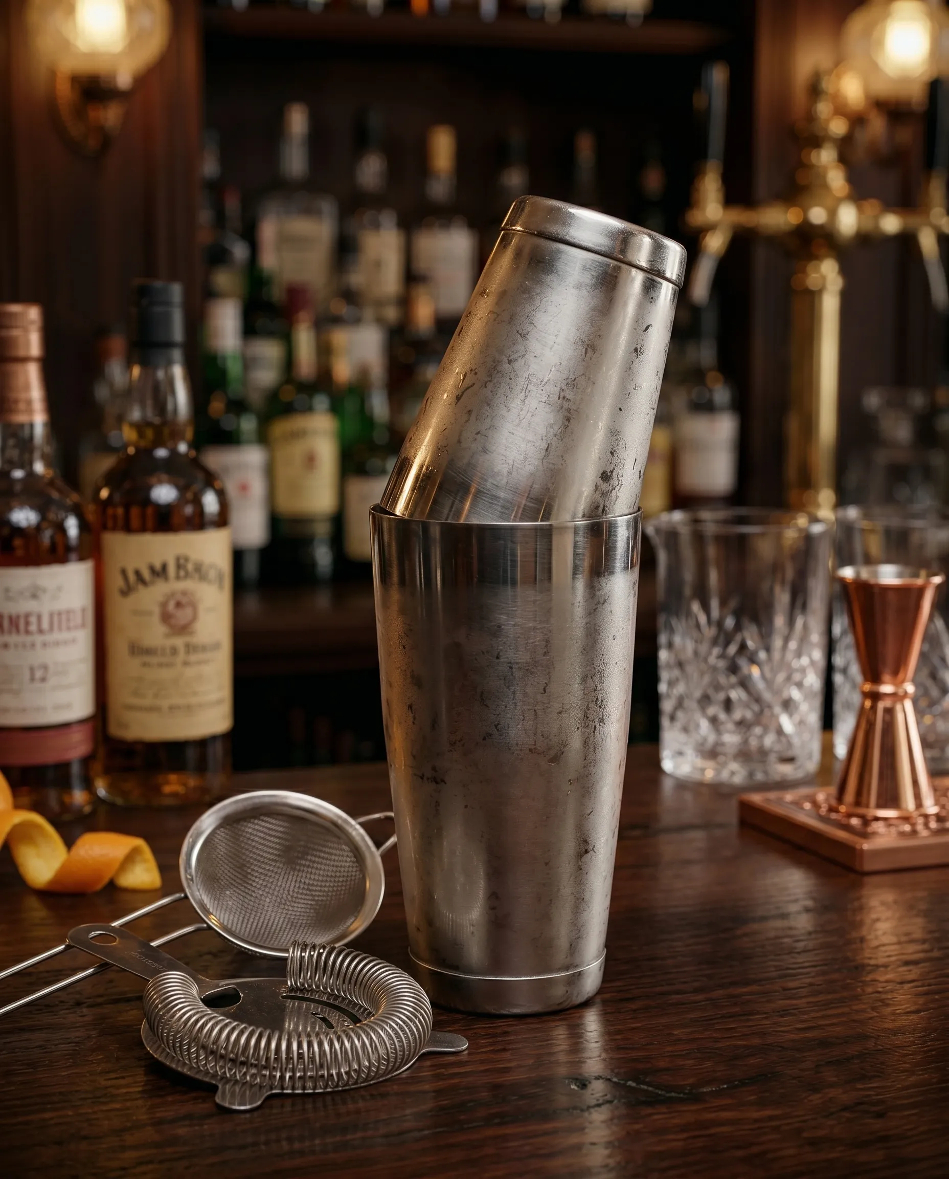 A tin-on-tin Boston shaker sealed and ready to shake on a dark bar