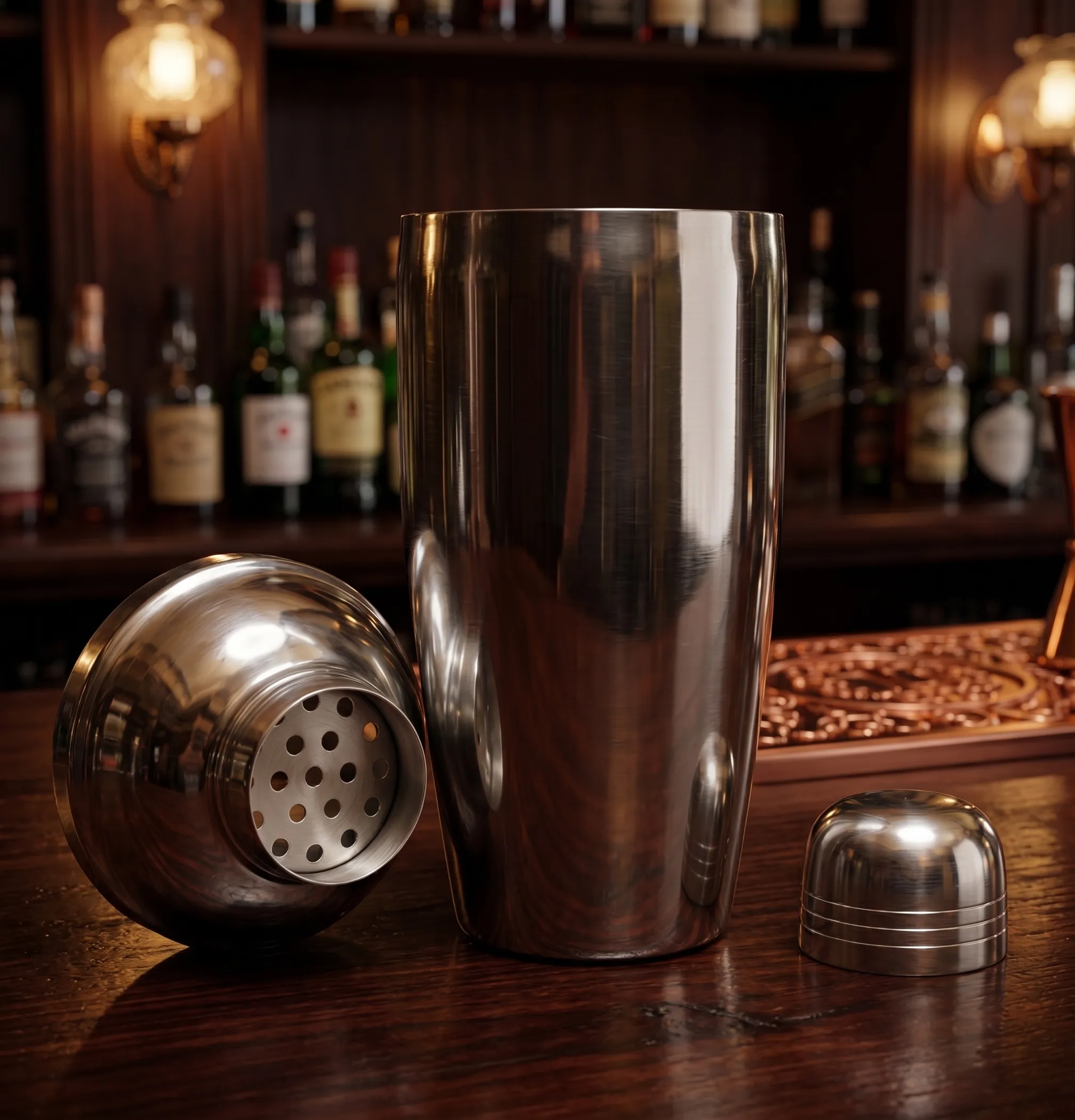 A classic three-piece cobbler shaker on a dark home bar