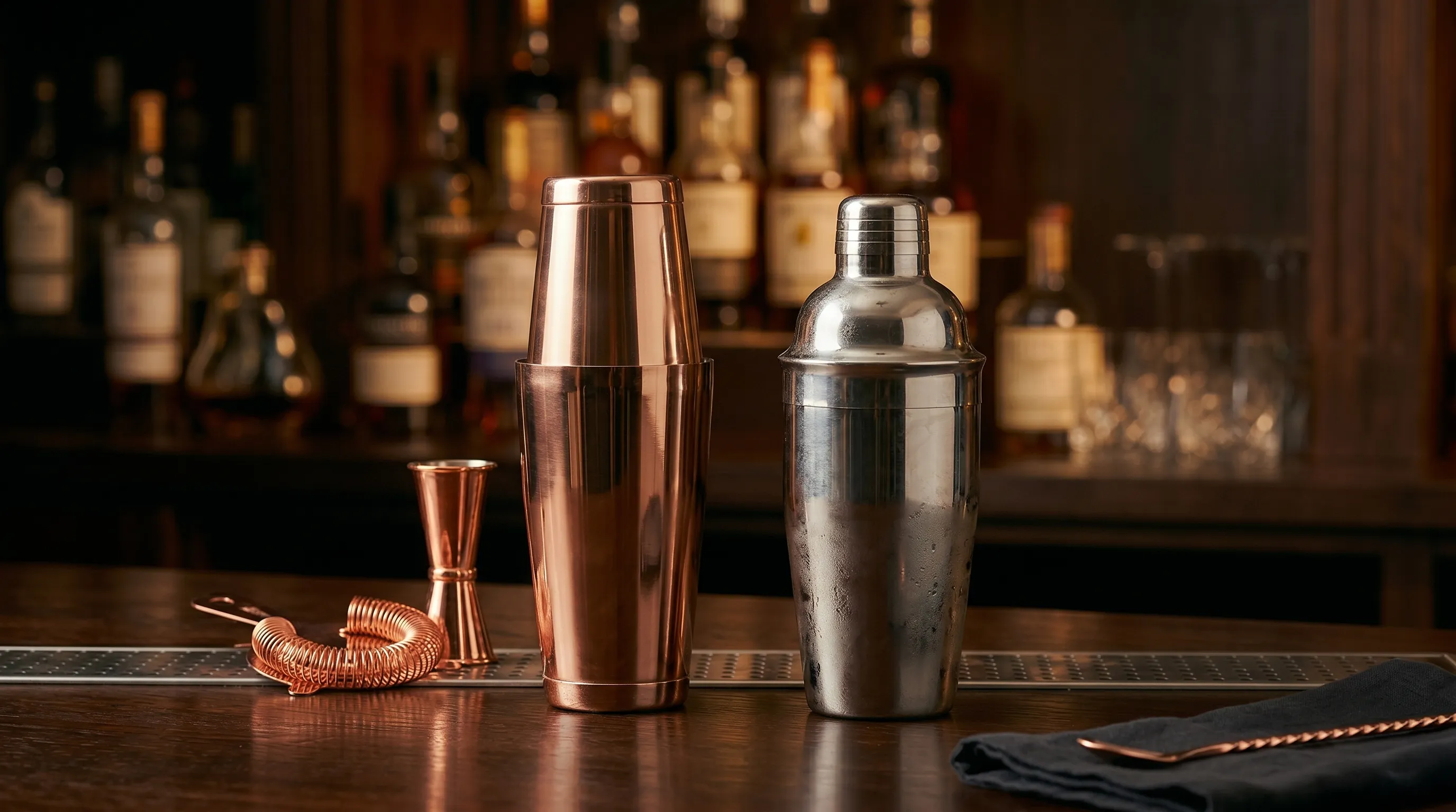 A Boston shaker and cobbler shaker side by side on a dark home bar