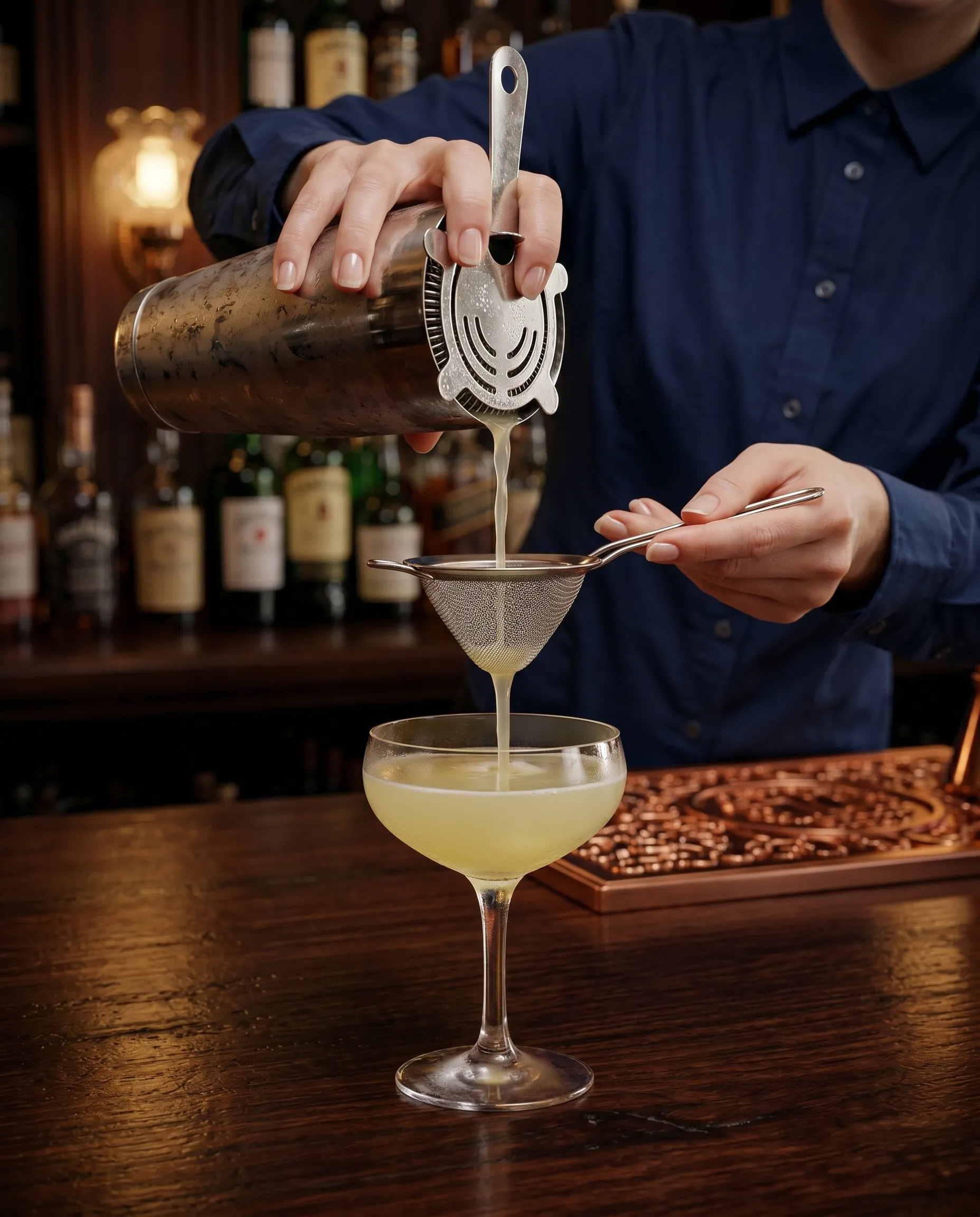 A cocktail being strained from a Boston shaker into a chilled coupe glass