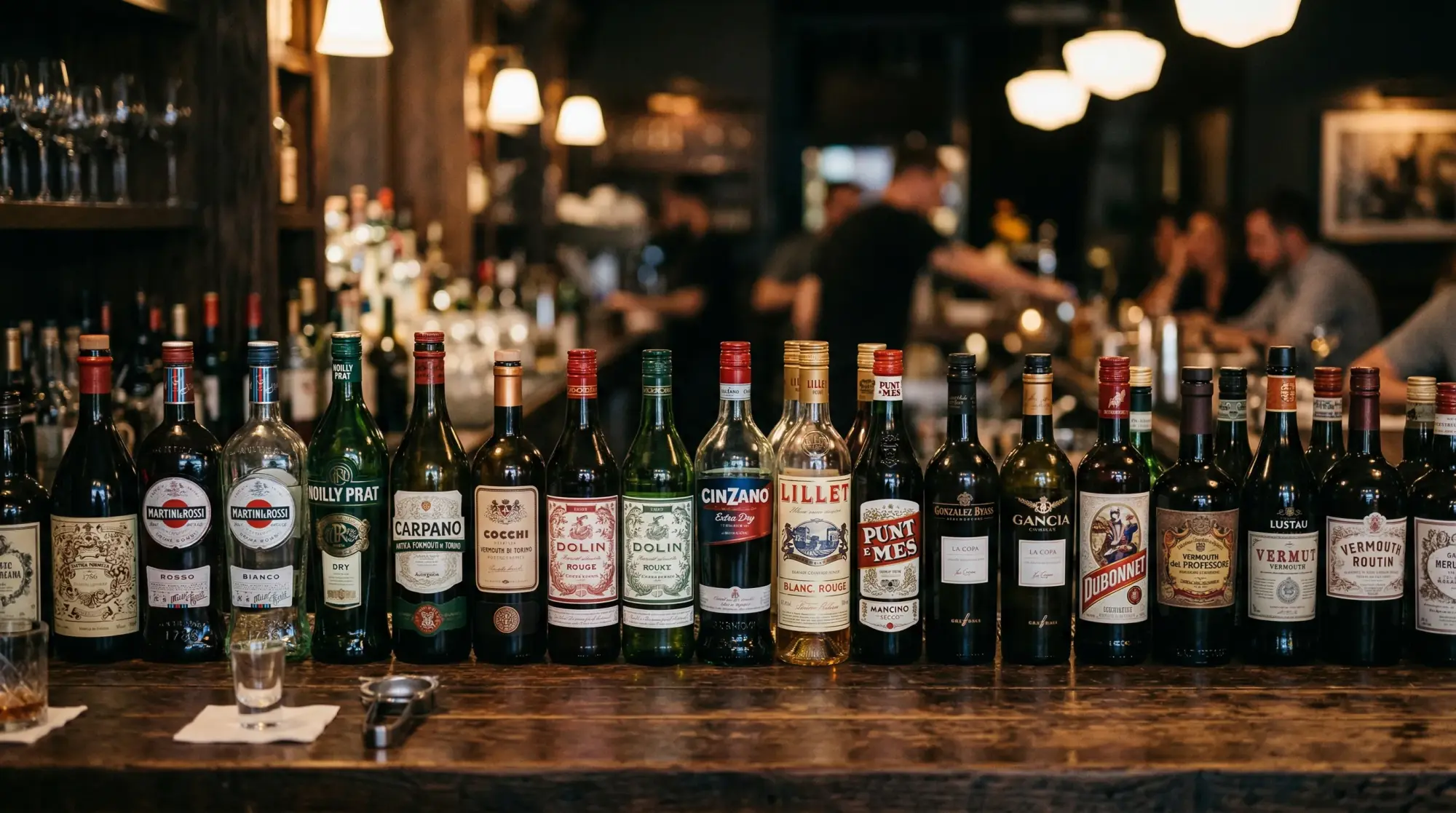 A lineup of vermouth bottles including Dolin, Carpano Antica, Noilly Prat, Lillet, and Berto