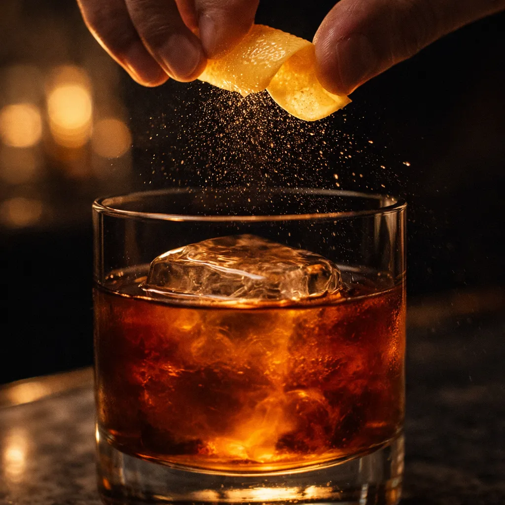 A finished Vieux Carré served over a large ice cube