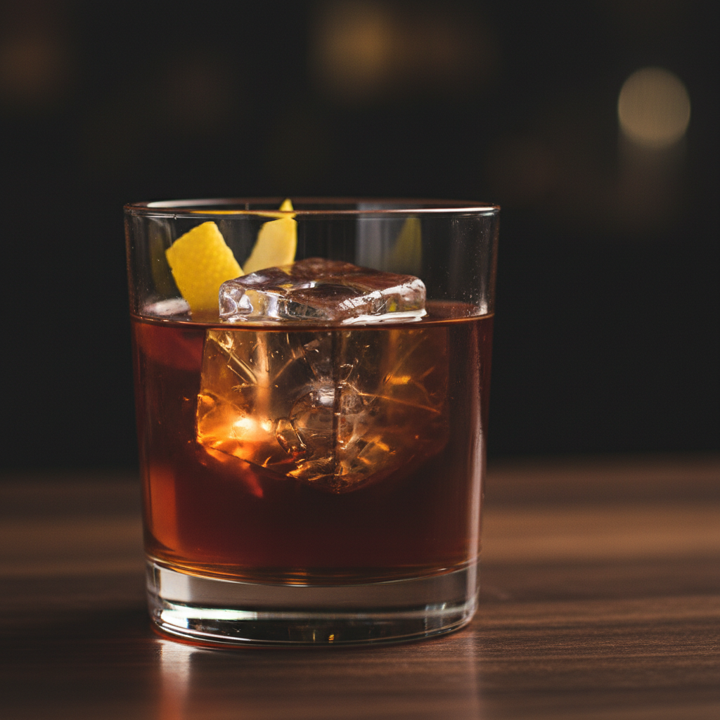 A Vieux Carré cocktail served over a large ice cube in a rocks glass with a lemon twist