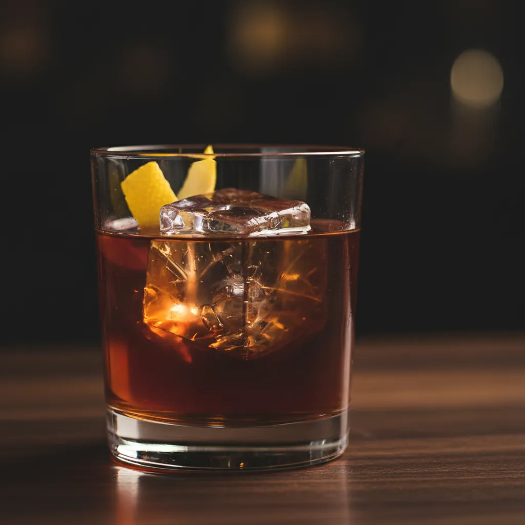A Vieux Carré cocktail served over a large ice cube in a rocks glass with a lemon twist